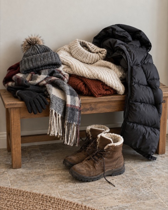 A knit hat, scarves, sweaters, a puffer coat, and winter boots